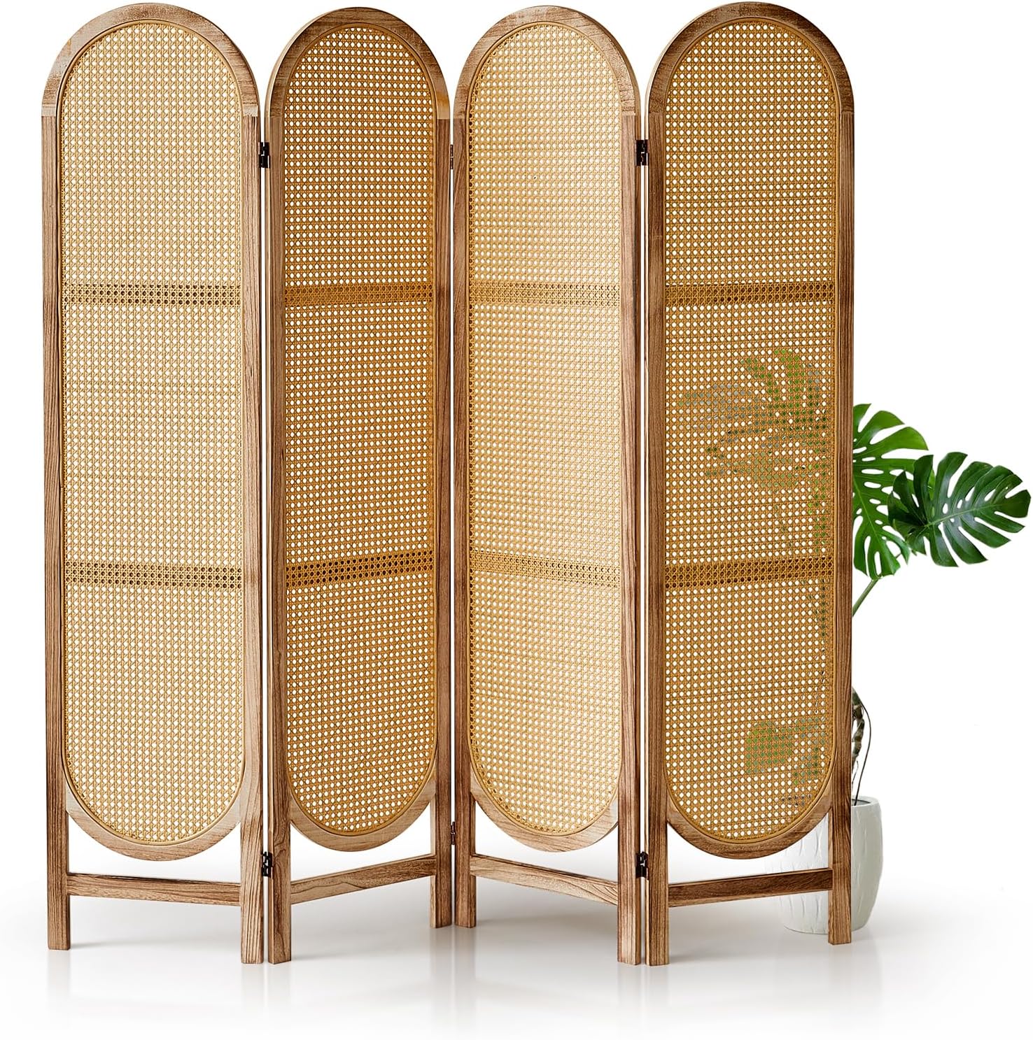 Arched Rattan Room Divider 5.6 Ft Folding Privacy Screen, 4 Panel Freestanding Room Partition with Double Hinges, Lightweight Paulownia Wood Divider for Bedroom, Restaurant, Office, Natural