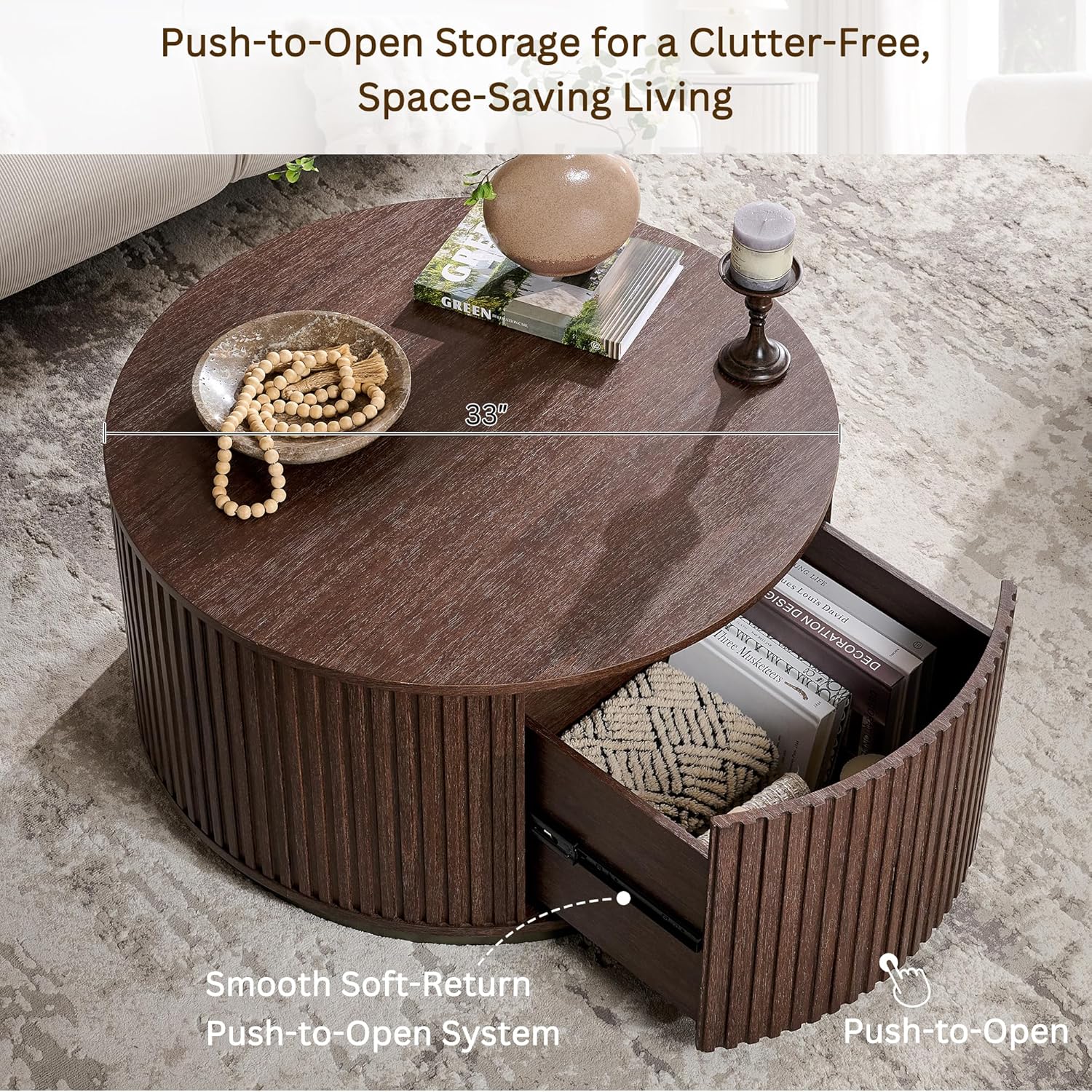 JXQTLINGMU 33" Round Coffee Table with Storage, Fluted Drum Coffee Table, Hidden Push-to-Open Drawer, Natural Walnut