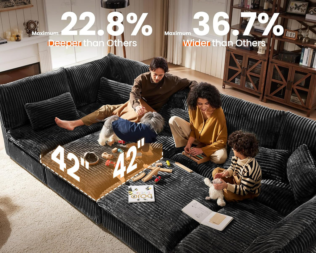CHIC HOUSE 84" Oversized Corduroy Modular Sectional Sofa, Extra Deep 3-Seater Sofa Fluffy Cloud Couch with Ottoman, Sectional Sleeper Sofa for Living Room, L-Shaped, Plush Corduroy, Black