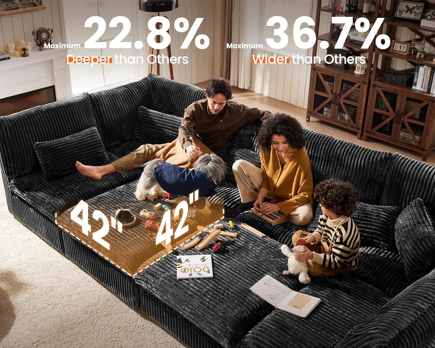 CHIC HOUSE 84" Oversized Corduroy Modular Sectional Sofa, Extra Deep 3-Seater Sofa Fluffy Cloud Couch with Ottoman, Sectional Sleeper Sofa for Living Room, L-Shaped, Plush Corduroy, Black