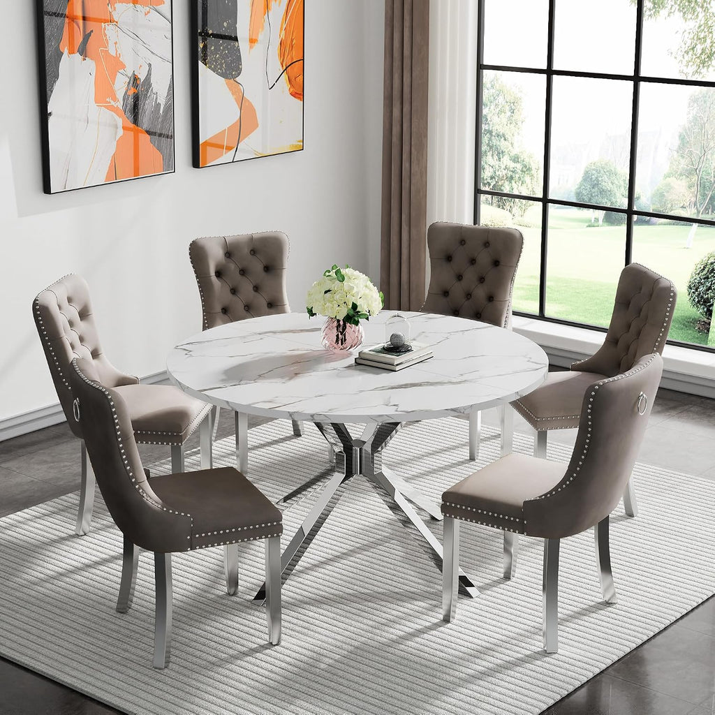 Round Faux Marble Dining Table for 4-6 Modern 47.2" Kitchen Table with Silver Stainless Steel Cross Legs Circle Dinner Table for Dining Room Living Room Apartment