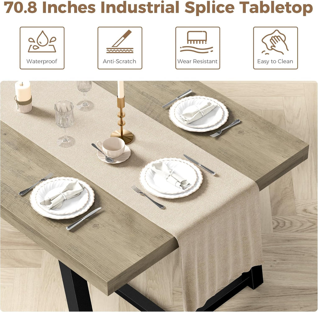 IRONCK 71" Dining Table for 6-8 People, Industrial Kitchen Table with Sturdy Metal Frame, Rectangular Grey Wood Dinner Table for Dining Room