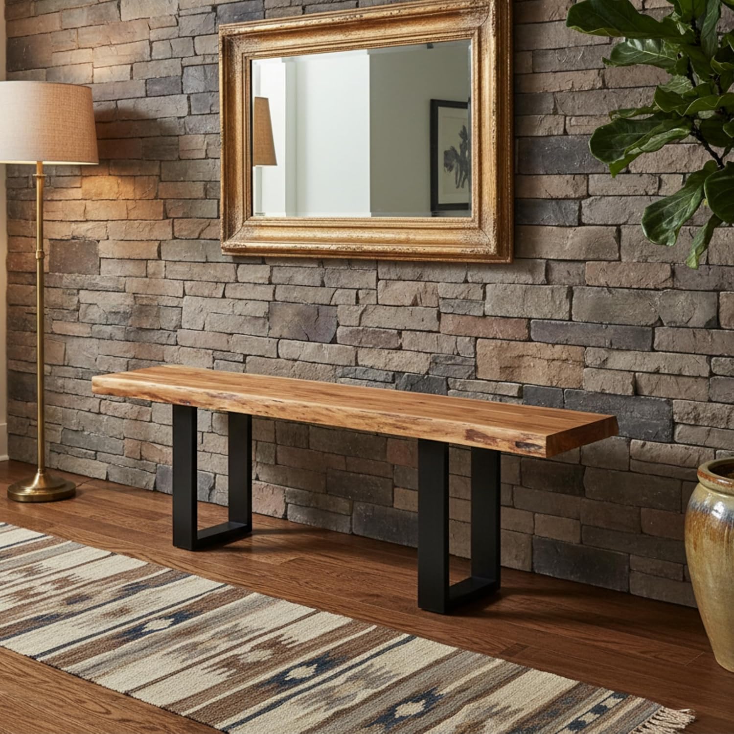 Alaterre Furniture Alpine Live Edge Solid Wood 48" Bench with Metal Legs, Natural