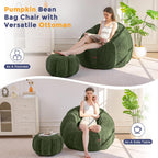 MAXYOYO Giant Bean Bag Chair with Ottoman, Pumpkin-Shaped Bean Bag Sofa with Footstool, Oversized Boneless Couch Chair in a Box, Comfy and Lazy Lounge for Dorm, Living Room, Bedroom, Green