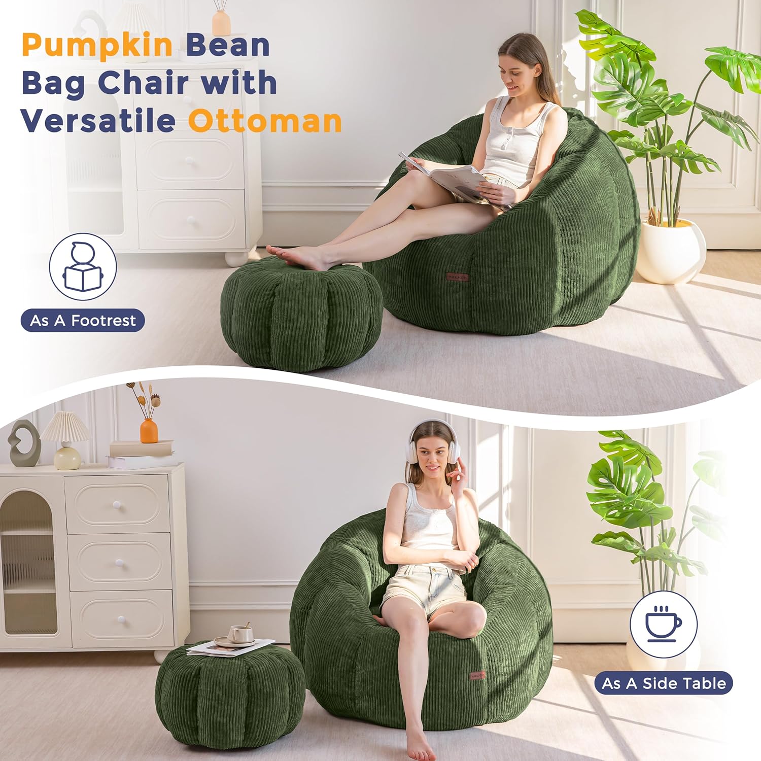 MAXYOYO Giant Bean Bag Chair with Ottoman, Pumpkin-Shaped Bean Bag Sofa with Footstool, Oversized Boneless Couch Chair in a Box, Comfy and Lazy Lounge for Dorm, Living Room, Bedroom, Green
