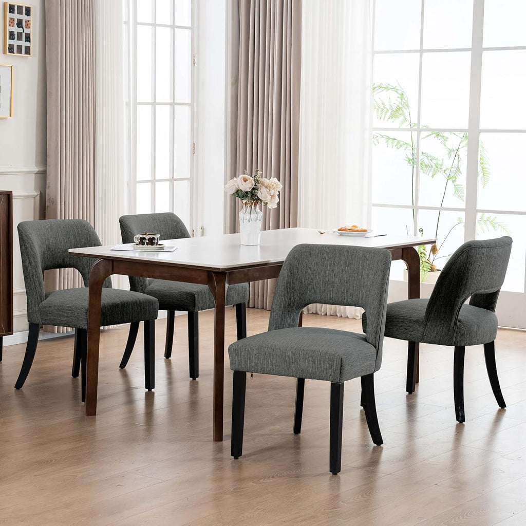 VKNOW Wooden Dining Chairs Set of 4, Modern Fabric Upholstered Dining Room Chair Kitchen Chairs, Farmhouse Dinner Chair for Kitchen Dining Room, Dark Grey-Black Legs