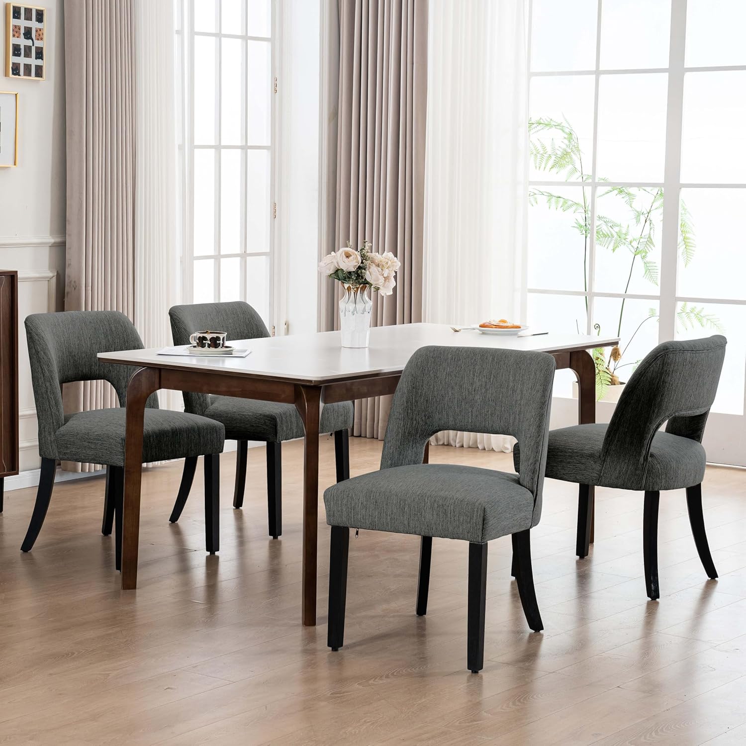VKNOW Wooden Dining Chairs Set of 4, Modern Fabric Upholstered Dining Room Chair Kitchen Chairs, Farmhouse Dinner Chair for Kitchen Dining Room, Dark Grey-Black Legs
