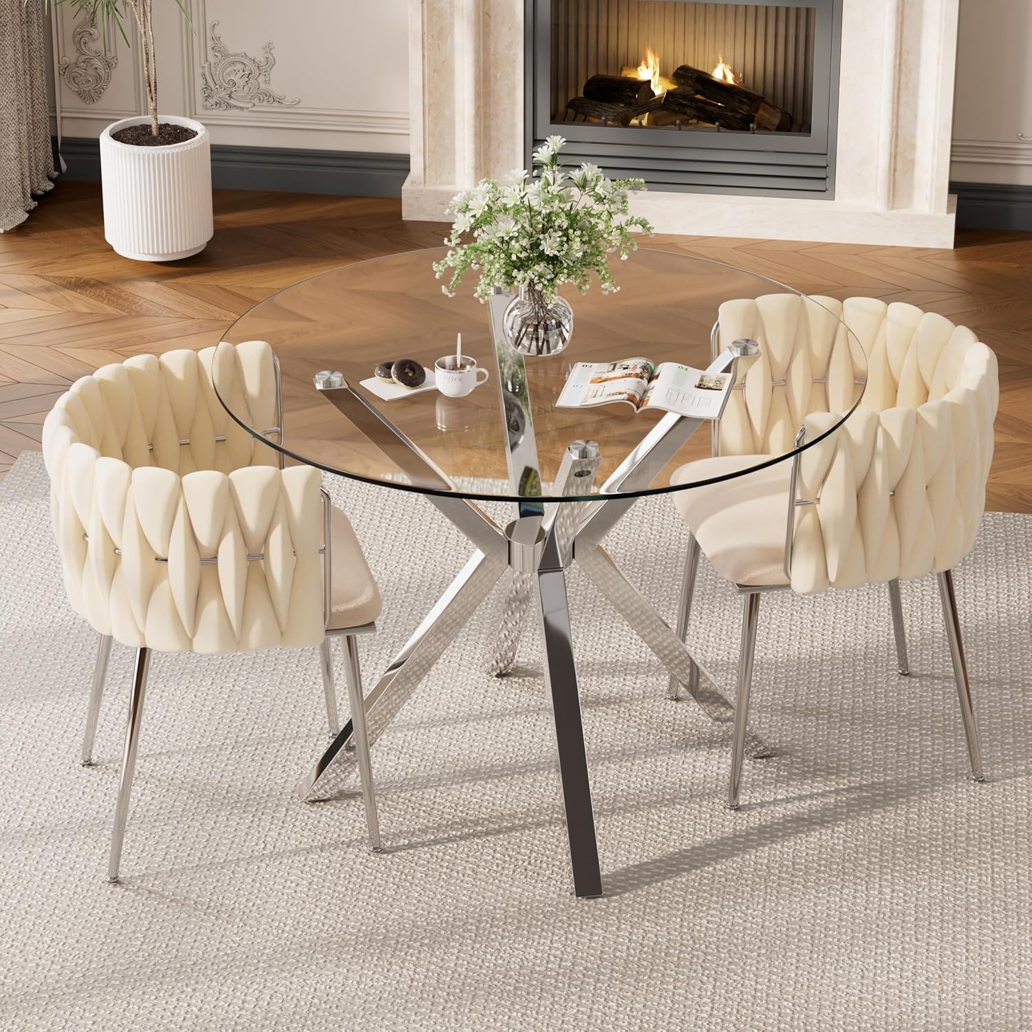 Baysitone Modern 3-Piece Dining Set with 36" Round Glass Table & 2 Woven Velvet Upholstered Dining Chairs, Silver Metal Table Legs, Kitchen & Dining Room Furniture for Small Spaces(Beige&Silver)