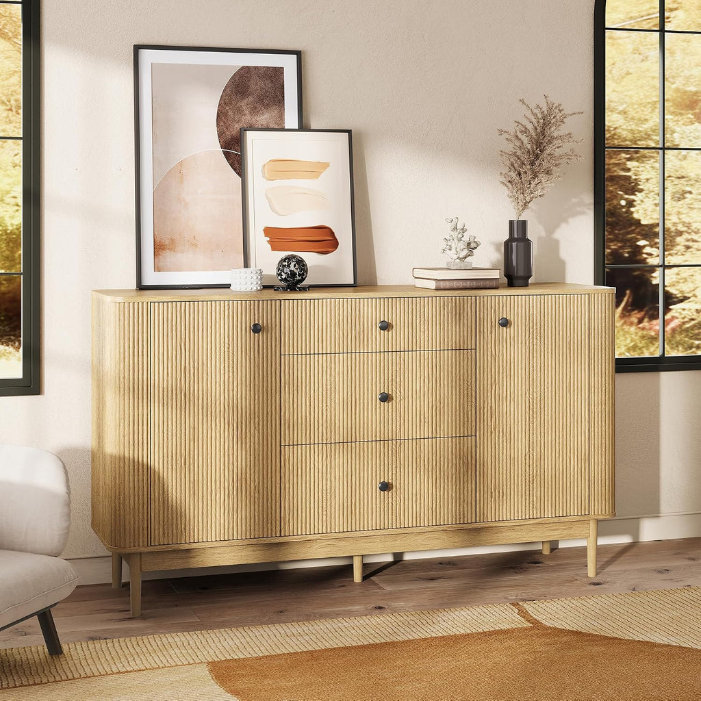 59" Buffet Cabinet with Drawers, Large Fluted Sideboard Buffet Storage Cabinet with Charging Station, Shelves and Doors, Modern Accent Coffee Bar Console Table for Kitchen, Entryway and Living Room