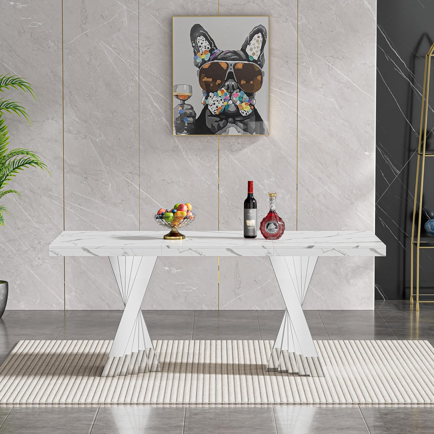 70" Faux Marble White Dining Table for 6, Modern Dining Room Table with 0.71" Marble Printing MDF Top and Flash-Shaped Silver Stainless Steel Base,Rectangular Large Kitchen Dinner Table