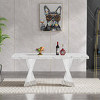 70" Faux Marble White Silver Dining Table for 6, Modern Dining Room Table with 0.71" Marble Printing MDF Top and Flash-Shaped Stainless Steel Base,Rectangular Large Kitchen Dinner Table