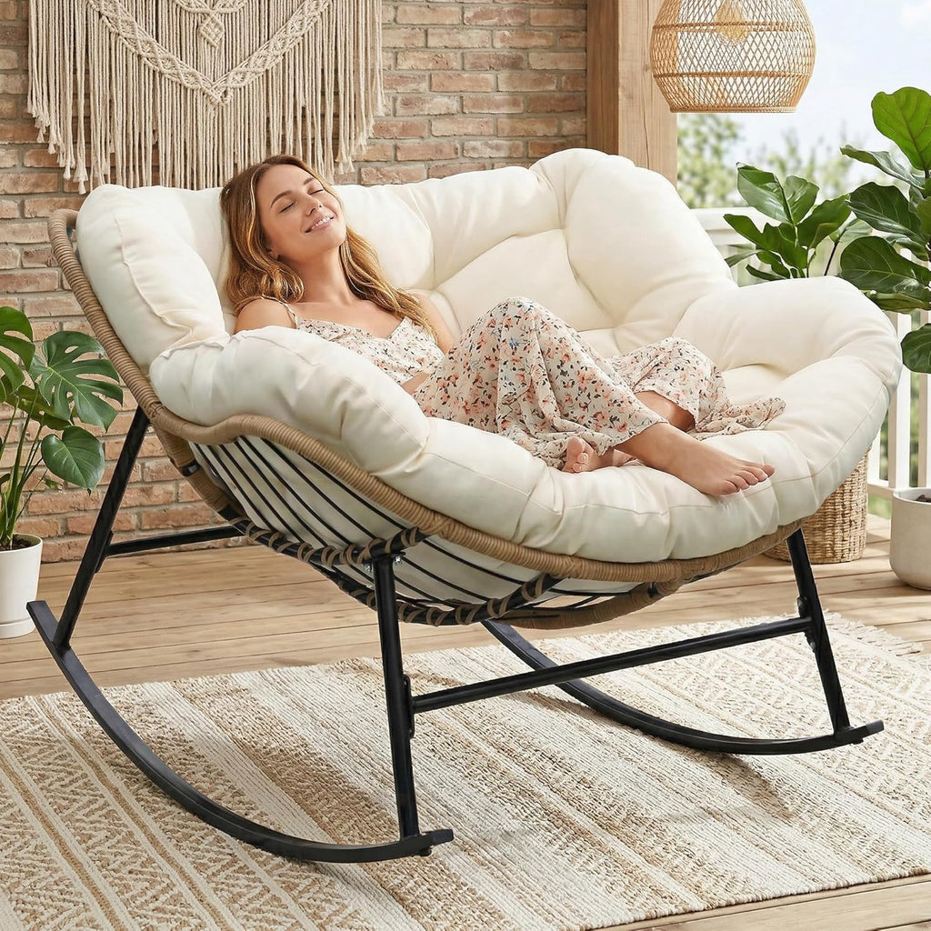 RADIATA Rocking Egg Chair Outdoor, Oversized Papasan Rocker with Cushion, 450 lbs Extra Wide Rocking Lounge Chairs, PE Wicker Big Comfy Sturdy Recliner Glider for Patio Porch Garden Living Room Beige