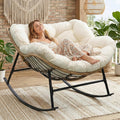 RADIATA Rocking Egg Chair Outdoor, Oversized Papasan Rocker with Cushion, 450 lbs Extra Wide Rocking Lounge Chairs, PE Wicker Big Comfy Sturdy Recliner Glider for Patio Porch Garden Living Room Beige
