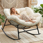 RADIATA Rocking Egg Chair Outdoor, Oversized Papasan Rocker with Cushion, 450 lbs Extra Wide Rocking Lounge Chairs, PE Wicker Big Comfy Sturdy Recliner Glider for Patio Porch Garden Living Room Beige