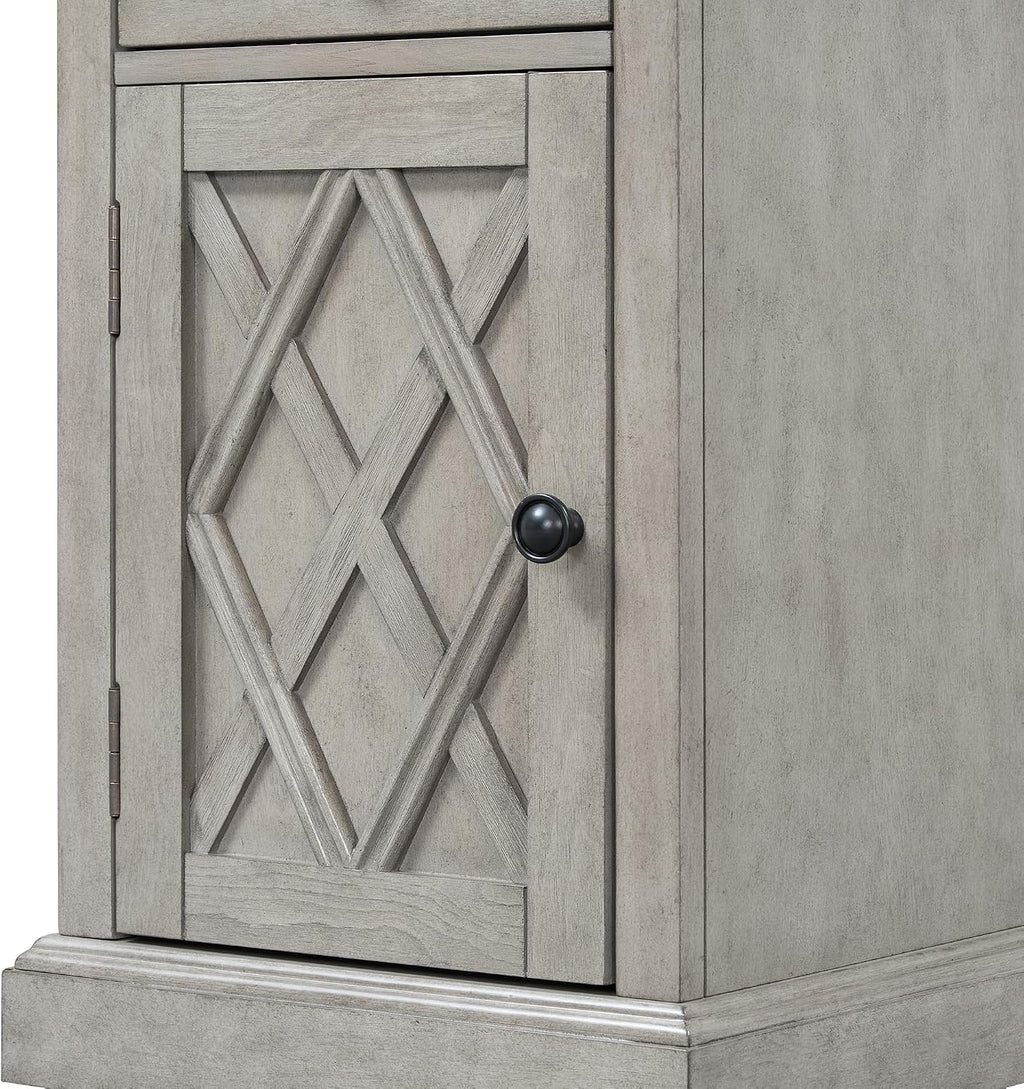 Traditional Wood End Table with Storage & Charging Station, Vintage Farmhouse Nightstand with USB Ports, Small Sofa Side Table for Living Room & Bedroom, Antique Gray