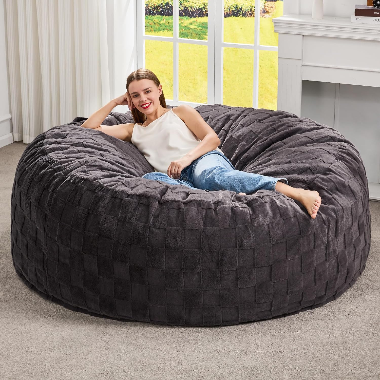 Hobestluk Adults Bean Bag Chair 5FT Big BeanBag Chair Giant Large Oversized | Memory Foam,Washable Cover,Unique Fluffy Plaid,Comfy Bean Bag with Filler Lounging Gaming Bedroom Living Room | Dark Grey 5FT