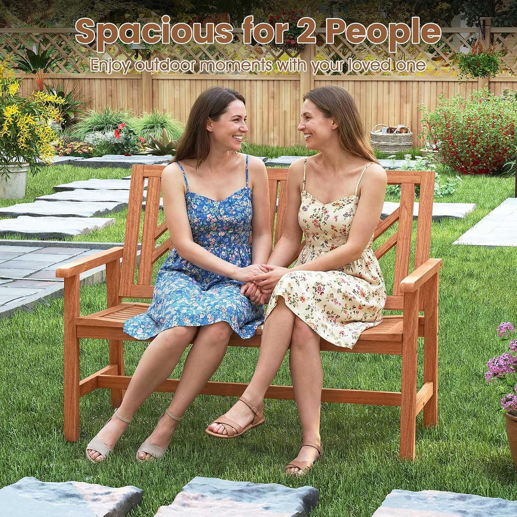 Tangkula Outdoor Wood Bench, 2-Person Patio Loveseat Chair with Geometric Backrest, Built-in Armrests & Slatted Seat, 660 lbs Weight Capacity, Garden Bench for Porch, Backyard & Poolside