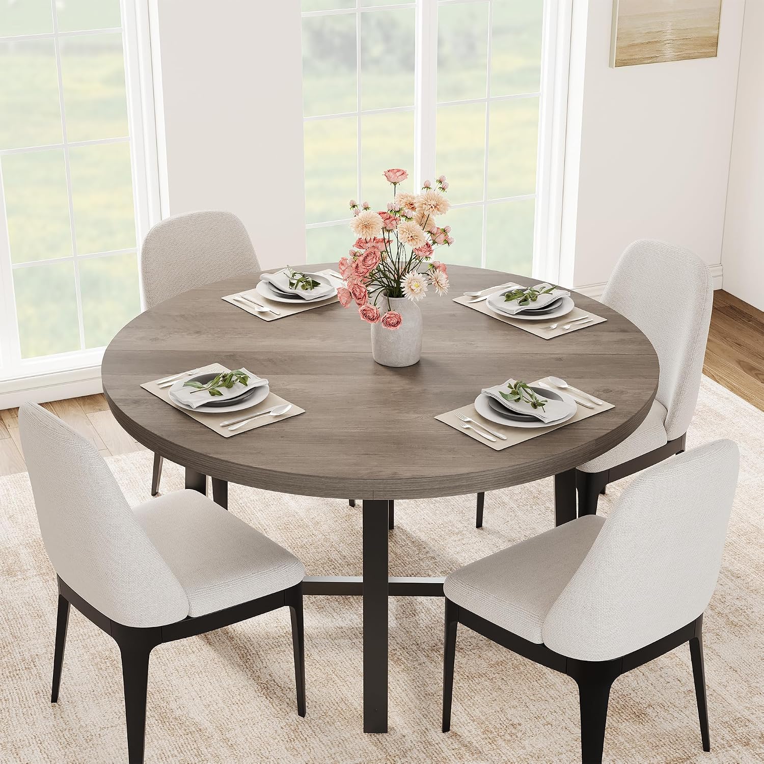 47 Inch Round Dining Table for 4-6 People, Modern Kitchen Table with Wood Metal Industrial Design, Circle Diner Table for Small Space Home Kitchen-Rustic Grey