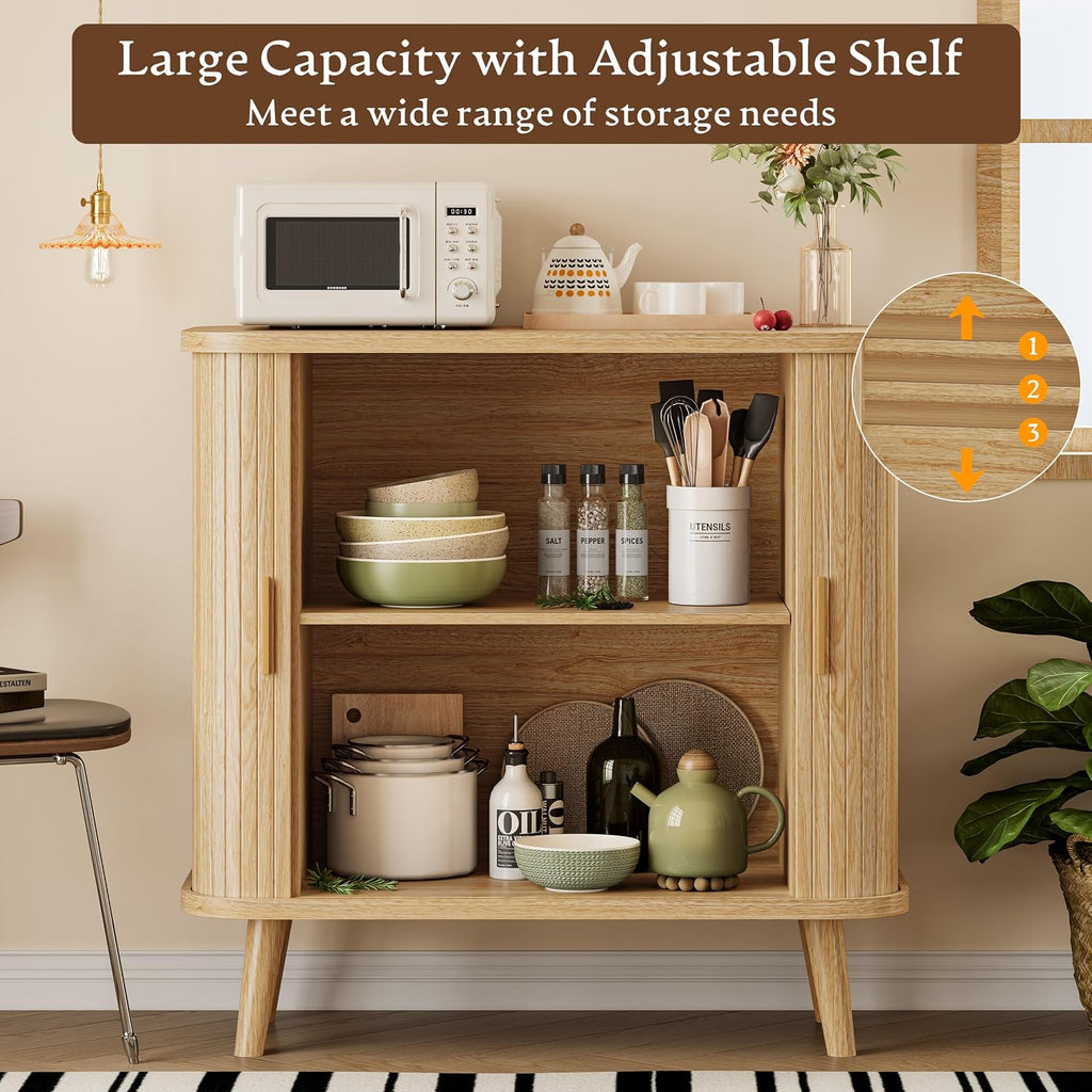 Xixini Sideboard Buffet Cabinet with Sliding Door, 31.5" Wide Fluted Modern Accent Cabinet with Adjustable Shelves, Wood Coffee Bar Buffet Console Table for Kitchen, Dining Room, Living Room, Oak