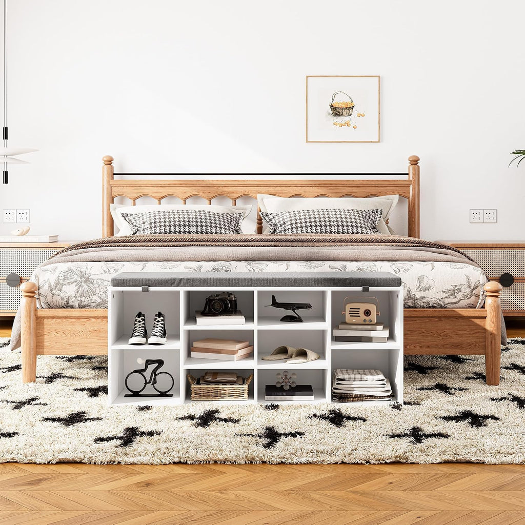 41" Shoe Storage Bench with Cushion, Entryway Shoe Rack with 10 Cubbies, Multifunctional Shoe Organizer Bench for Hallway, Bedroom, Living Room, White