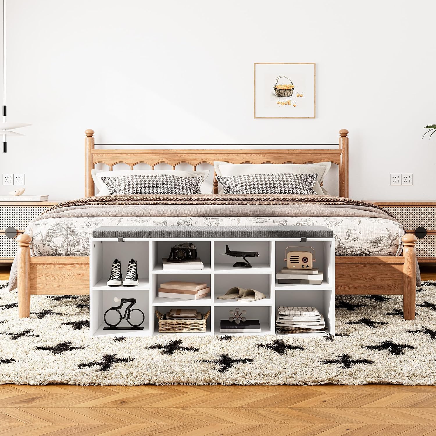 41" Shoe Storage Bench with Cushion, Entryway Shoe Rack with 10 Cubbies, Multifunctional Shoe Organizer Bench for Hallway, Bedroom, Living Room, White