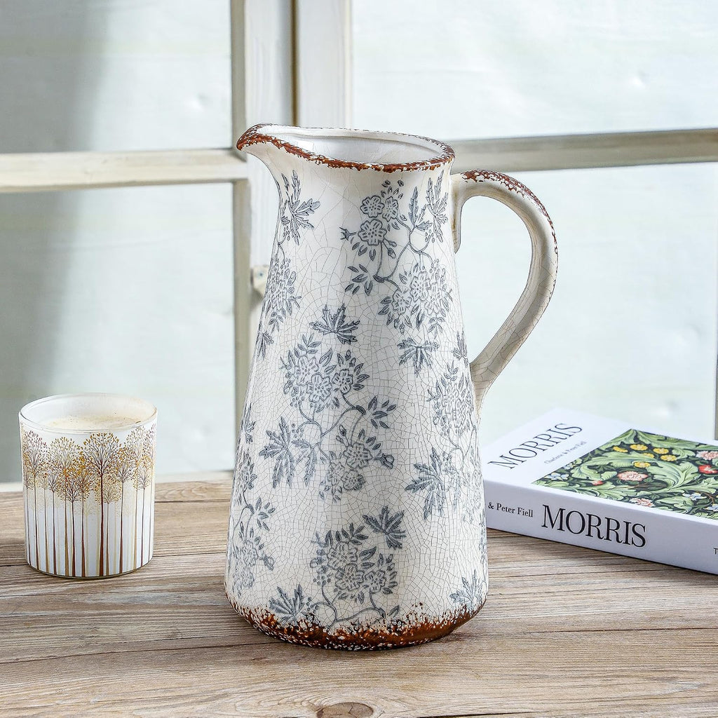 Enra 12.2" Blue and White Ceramic Vase with Handle – Handcrafted Large Chinoiserie Pitcher Vase for Fresh Flowers, Tall Decorative Vase for Living Room Focal Point, Bookshelf & Floor Accent