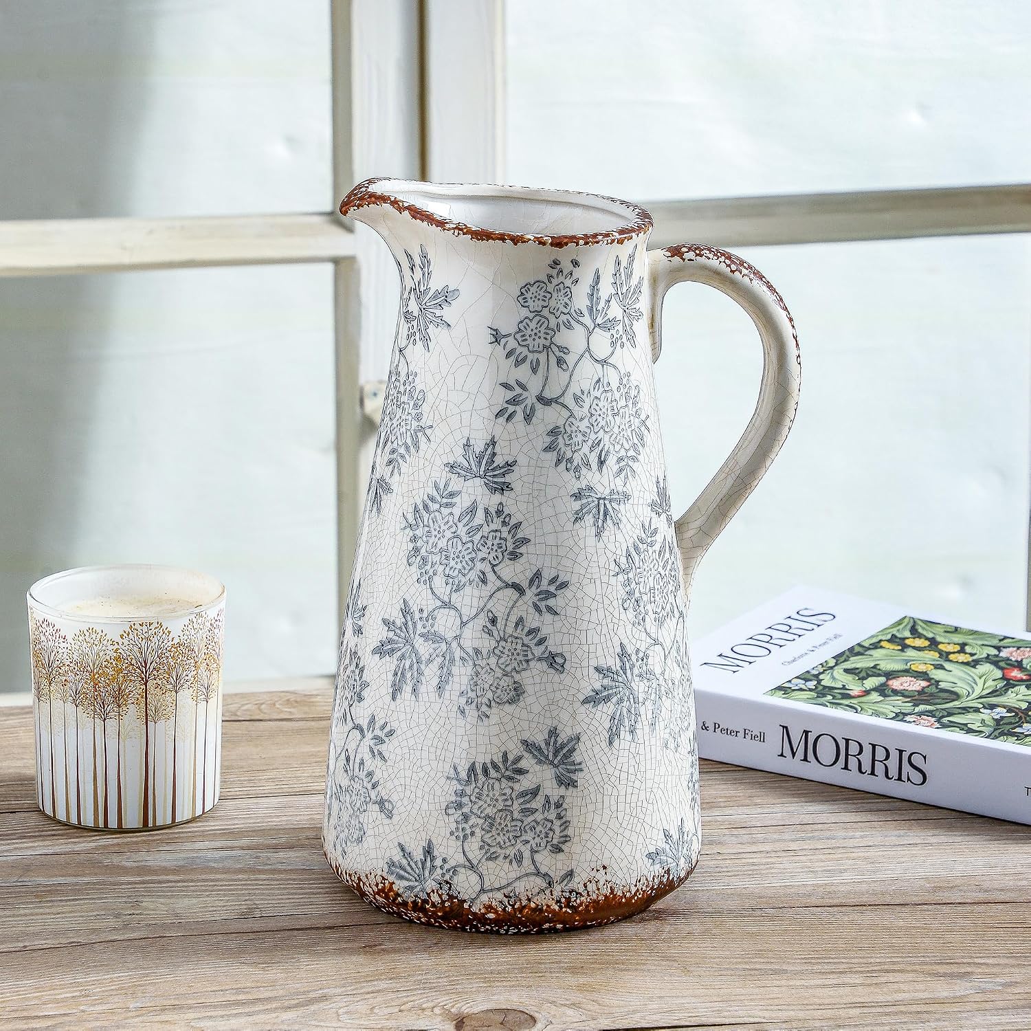 Enra 12.2" Blue and White Ceramic Vase with Handle – Handcrafted Large Chinoiserie Pitcher Vase for Fresh Flowers, Tall Decorative Vase for Living Room Focal Point, Bookshelf & Floor Accent