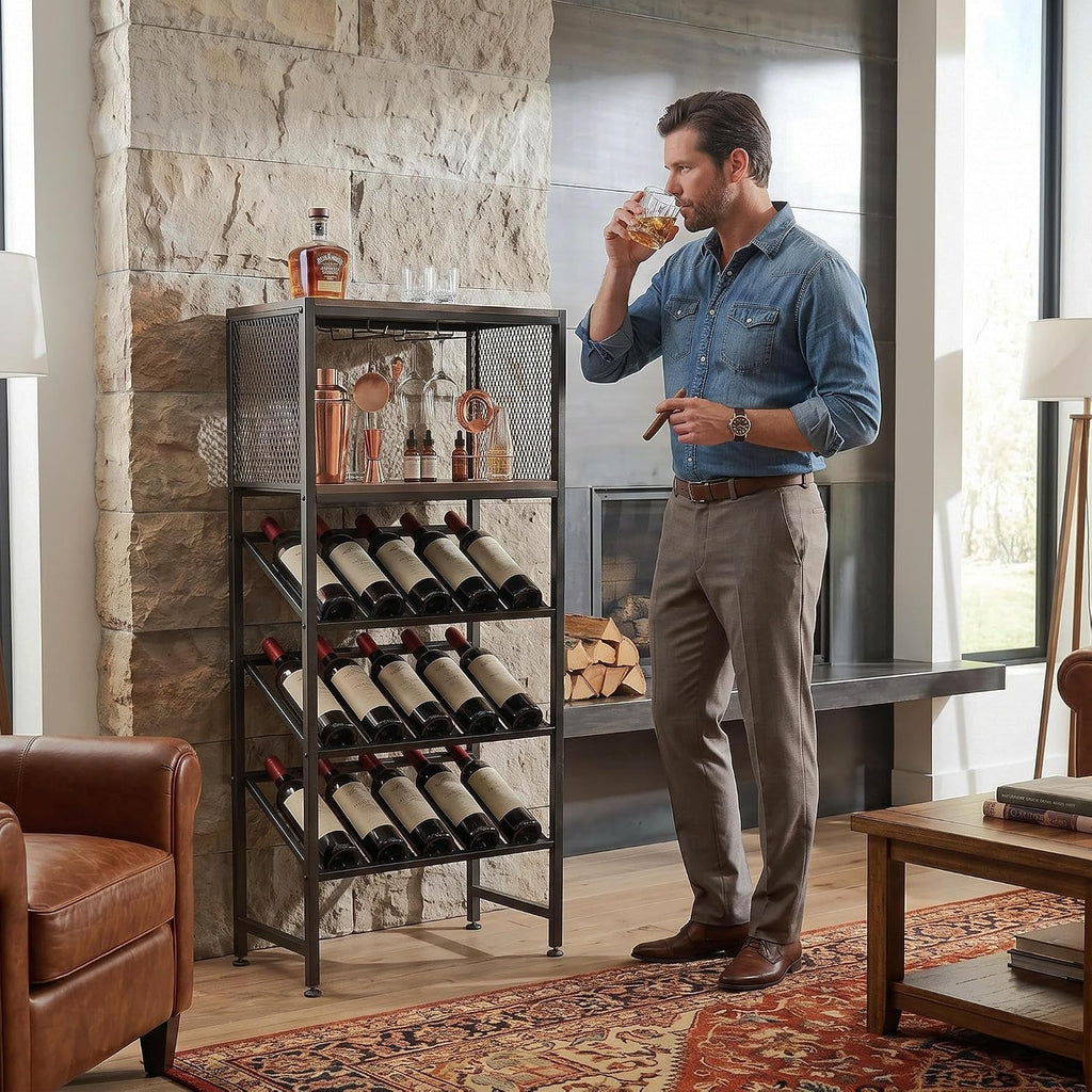 3-Tier Wine Rack Freestanding Floor with Glass & Storage Racks | Space-saving corner wine bar cabinet, sturdy build for kitchen, living room & home bar, stores wine bottles & bar accessories