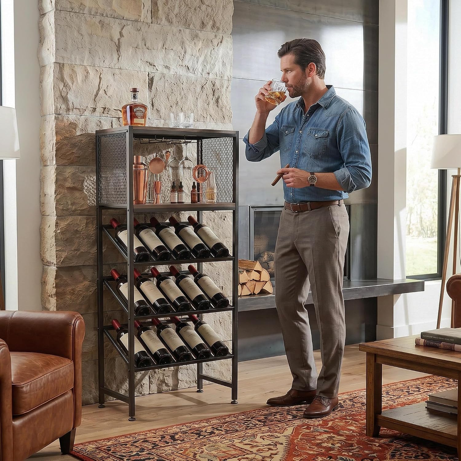 3-Tier Wine Rack Freestanding Floor with Glass & Storage Racks | Space-saving corner wine bar cabinet, sturdy build for kitchen, living room & home bar, stores wine bottles & bar accessories