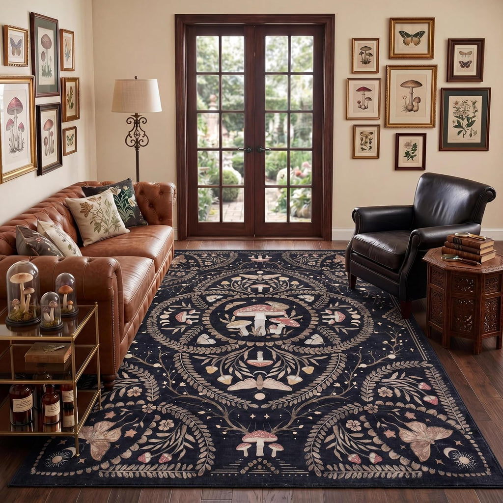 Garvee Mushroom 5x7 Area Rugs for Living Room, Dark Academia Gothic Rug, Non Slip Animal Print Washable Rugs 5x7 Low Pile Bedroom Decor Bug Carpet with Rubber for Playroom Dining Room Office, Black