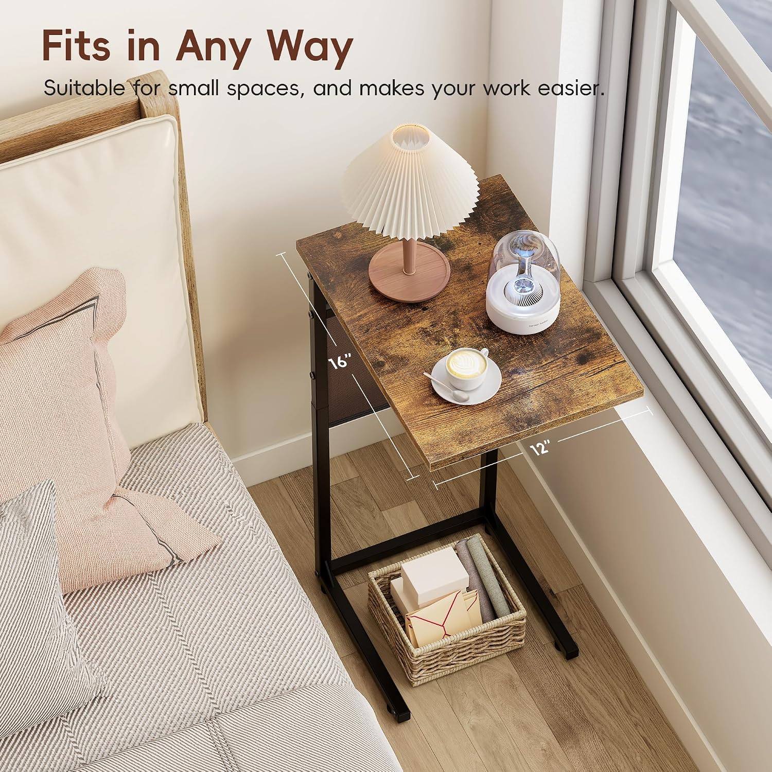 Vagusicc C Shaped End Table, Small Side Table for Couch, Tall Couch Side Table C Table for Small Space, TV Tray Slide Under Sofa Snack Table with Metal Frame for Living Room, Bedroom, Bedside, Brown