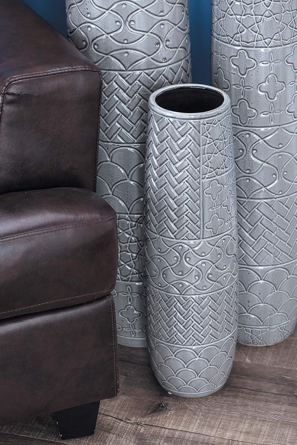 Deco 79 Ceramic Decorative Vase Slim Engraved Patterned Centerpiece Vase, Flower Vase for Home Decoration 7" x 7" x 22", Gray