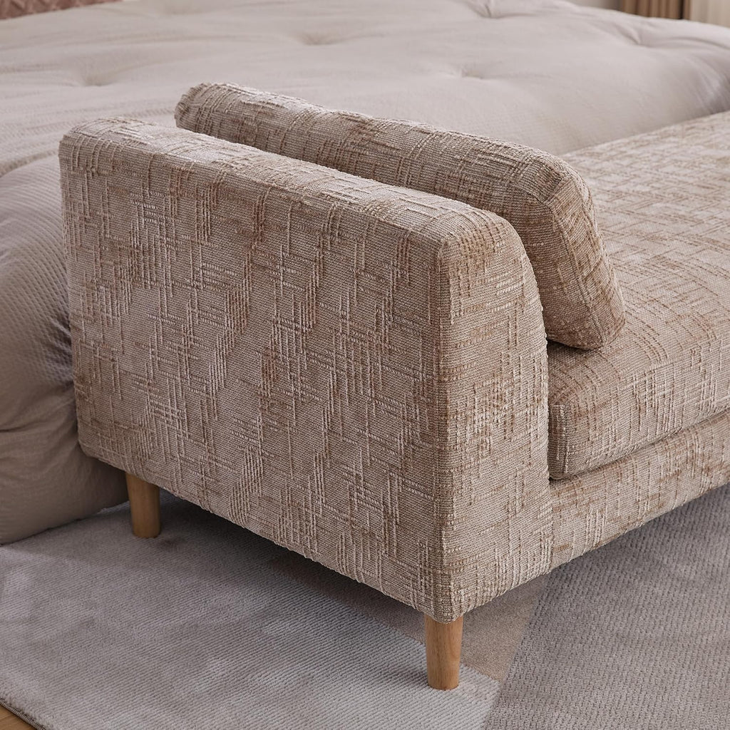mikibama 83.1" Extra Long Ottoman Bench for Bedroom,Oversized Chenille Upholstered Chaise Lounge Sofa Benches,Modern End of Bed Bench with Arms,Lounger Daybed Couch with Pillows (Wheat)