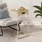 Vagusicc C Shaped End Table with Charging Station, Adjustable Height Side Table for Couch, Small Side Table, 33.2'' Tall Couch Tables that Slide Under, Tv Tray End Table for Living Room, Natural