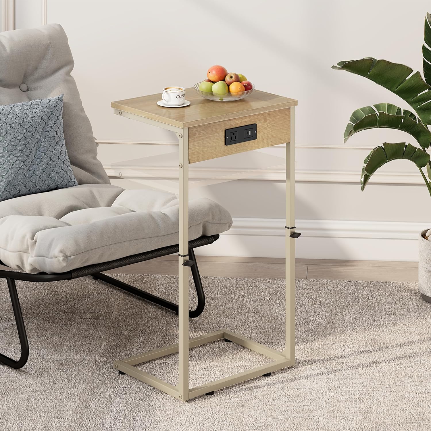 Vagusicc C Shaped End Table with Charging Station, Adjustable Height Side Table for Couch, Small Side Table, 33.2'' Tall Couch Tables that Slide Under, Tv Tray End Table for Living Room, Natural