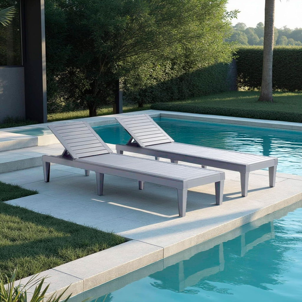 Nestl Sun Tanning Chair - Light Grey Chaise Lounge Chair Outdoor, Lightweight Pool Lounge Chairs Set of 2, Adjustable 5-Position Reclining Lawn Chair, Waterproof Beach Outdoor Lounge Chairs