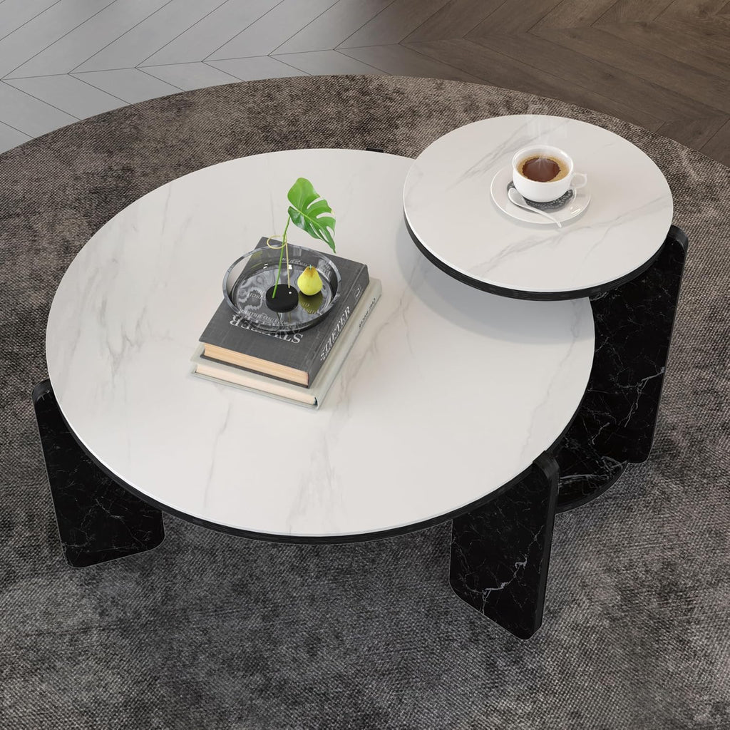 Set of 2 Round Nesting Coffee Table for Small Place, living room end table with white sintered stone top, 32.68" + 16.93" diameter Side Table Night Stand for Bed Room Dining Room, 83+ 43 cm sofa table