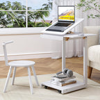 OtterOasis C Shaped End Table, Rolling Side Table with 4-Way Convertible Desktop, Wooden C Table with Multi-Functional Folding Tray & Small Chair, Side Table for Couch, Living Room, Bedroom, White