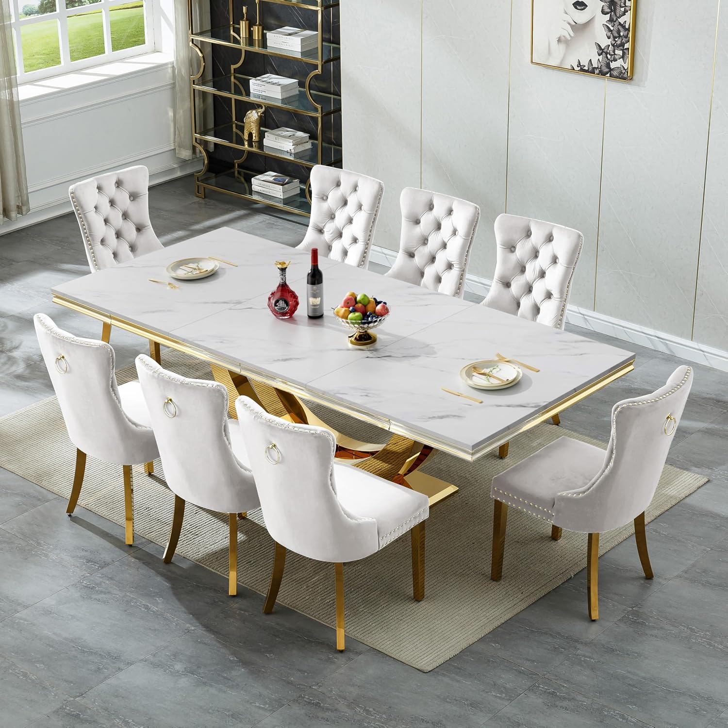 94 in Luxury Faux Marble Dining Table for 6 8 10 People, White Faux Marble Dining Table with Gold U Shaped Stainless Steel Base, Large Rectangular Modern Kitchen Dining Room Table for Family Gathering