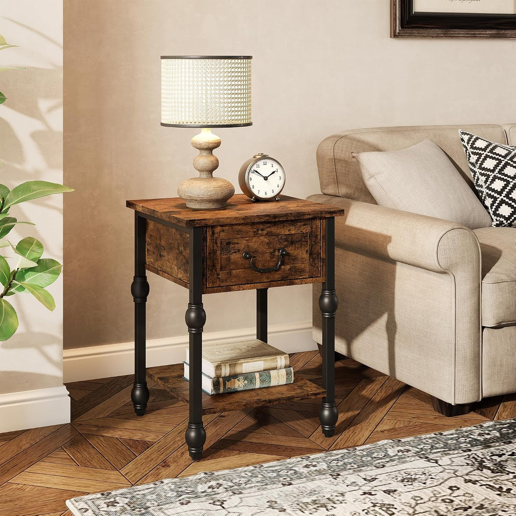 Roman Column End Table with Drawer, Vintage Industrial Side Table Nightstand, Retro Brown Single Drawer & Open Shelf Accent Table for Living Room, Bedroom, Office - Sturdy Metal & MDF Construction