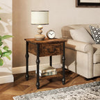 Roman Column End Table with Drawer, Vintage Industrial Side Table Nightstand, Retro Brown Single Drawer & Open Shelf Accent Table for Living Room, Bedroom, Office - Sturdy Metal & MDF Construction