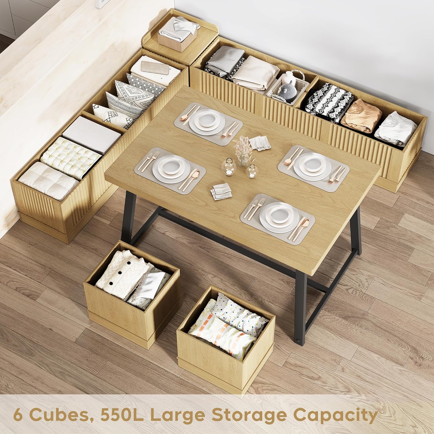 XIAO WEI Corner Dining Table Set, 6-Piece Breakfast Nook Dining Set with Storage Bench and Stools, 47" Banquette Seating for Small Space, Apartment Kitchen & Dining Room, Natural Wood