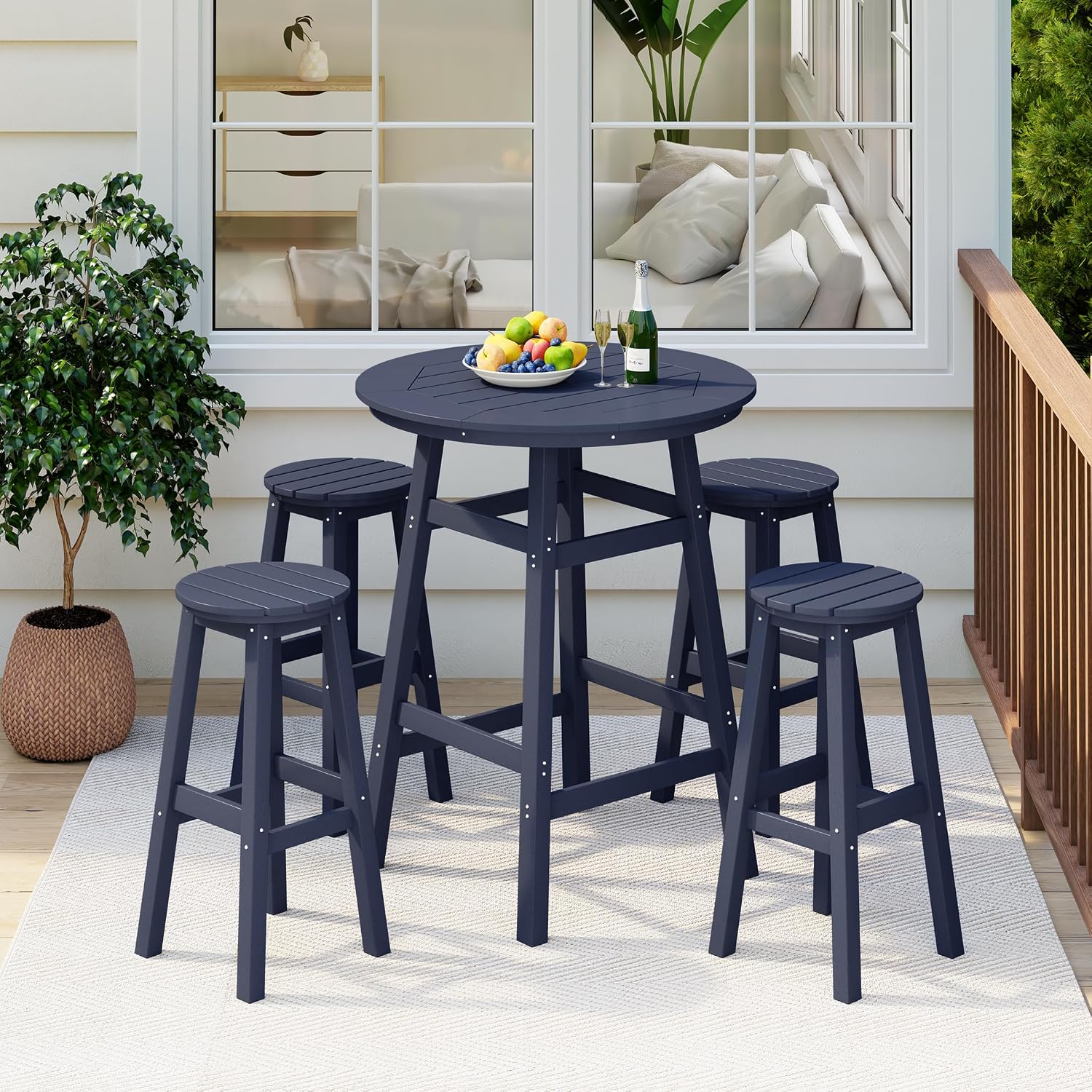 Costaelm 29" Height Outdoor Bar Stools, All-Weather Bar Stools, Adirondack Poly Patio Round Bar Stool for Patio, Deck, Kitchen Counter and Garden, Navy Blue