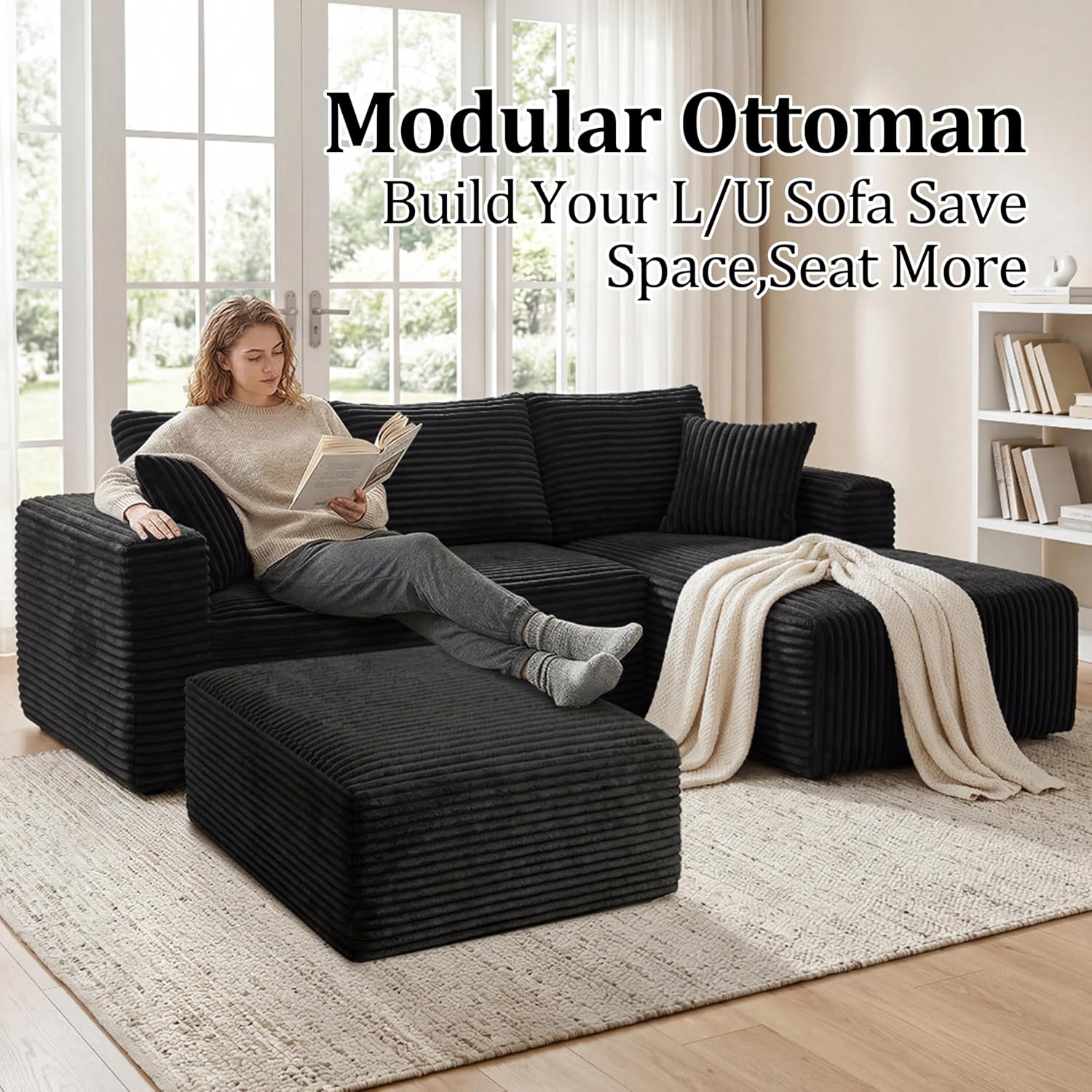 Corduroy Ottoman, Modern Boneless Cloud Foot Rest Foam Support, Oversized Modular Sectional Sofa Stool for Living Room, Bedroom & Small Spaces, No Assembly Required (Black, Ottoman)