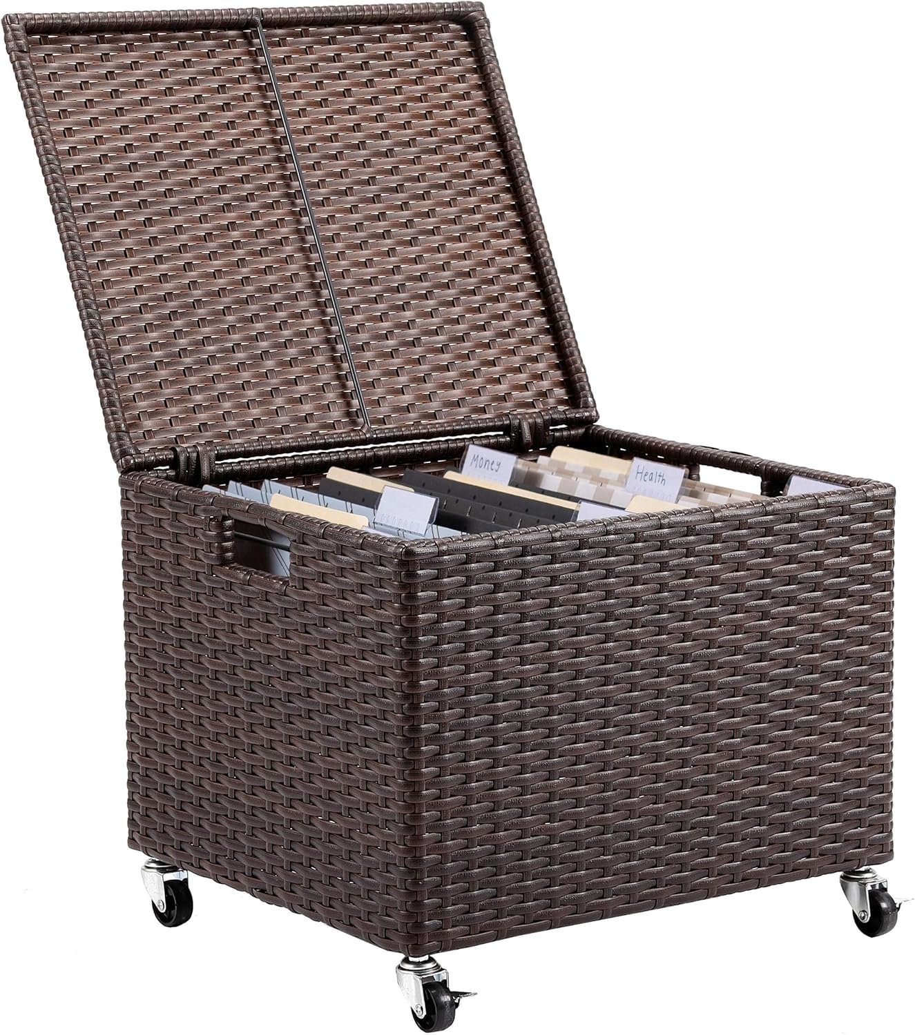 BIRDROCK HOME Rolling Filing Cabinet - Weatherproof Rattan-Style Storage Box or Resin Deck Chest with Wheels for Organizing Cushions, Toys, and Accessories in Home, Office, or Garden (Espresso)