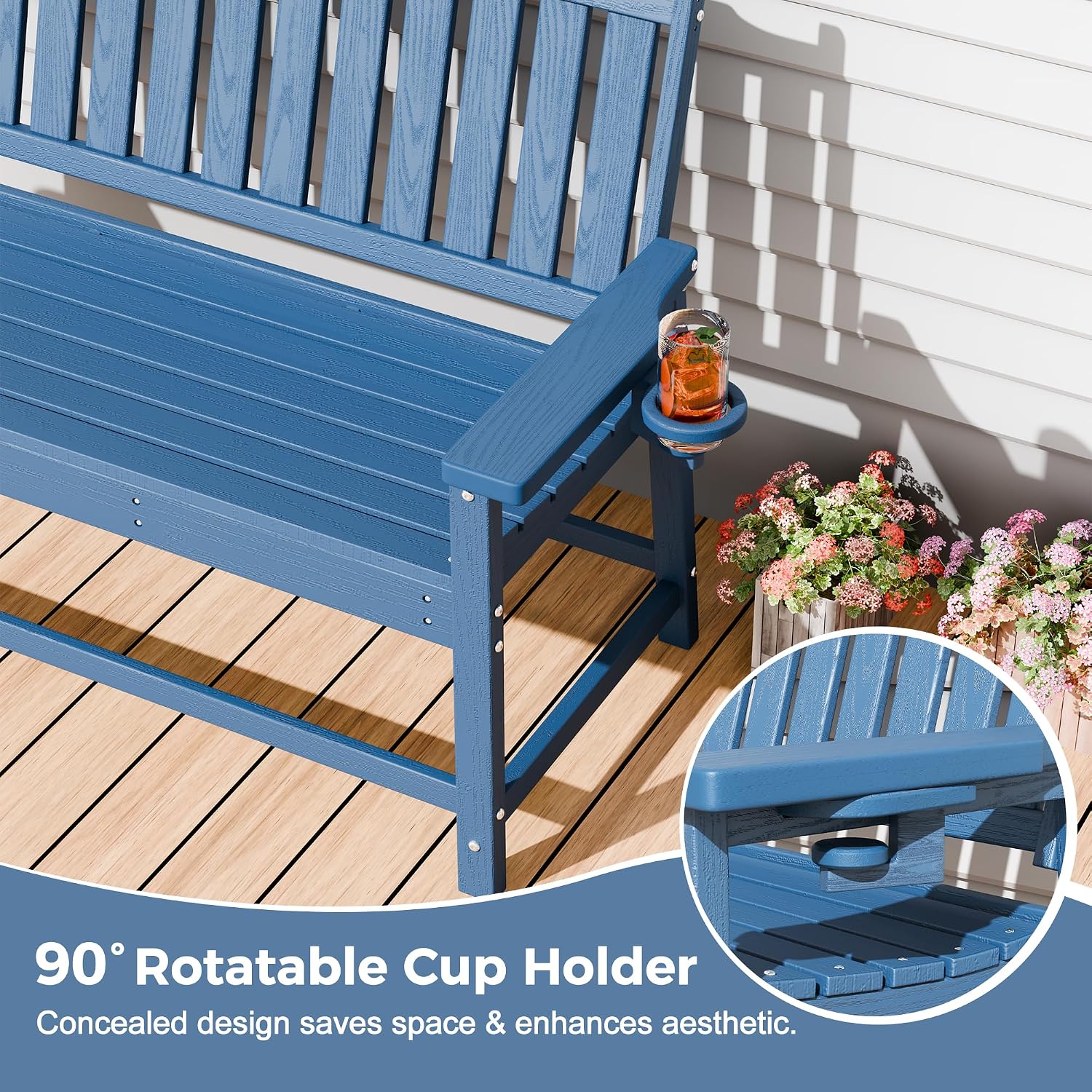 WACASA 48" Outdoor Bench, HDPE Weatherproof Porch Bench, 2-Person Garden Benches with 660 Lbs, Waterproof Patio Benches for Outside Balcony Deck Backyard, Blue
