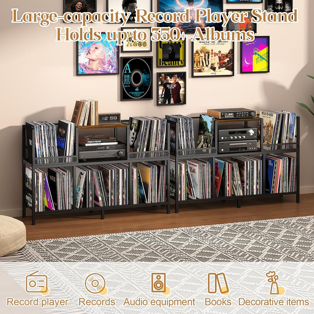 Record Player Stand, Turntable Stand with 3-Compartment Vinyl Storage Cabinet, Holds 300+ Albums, Sturdy Record Player Table for Living Room & Music Room