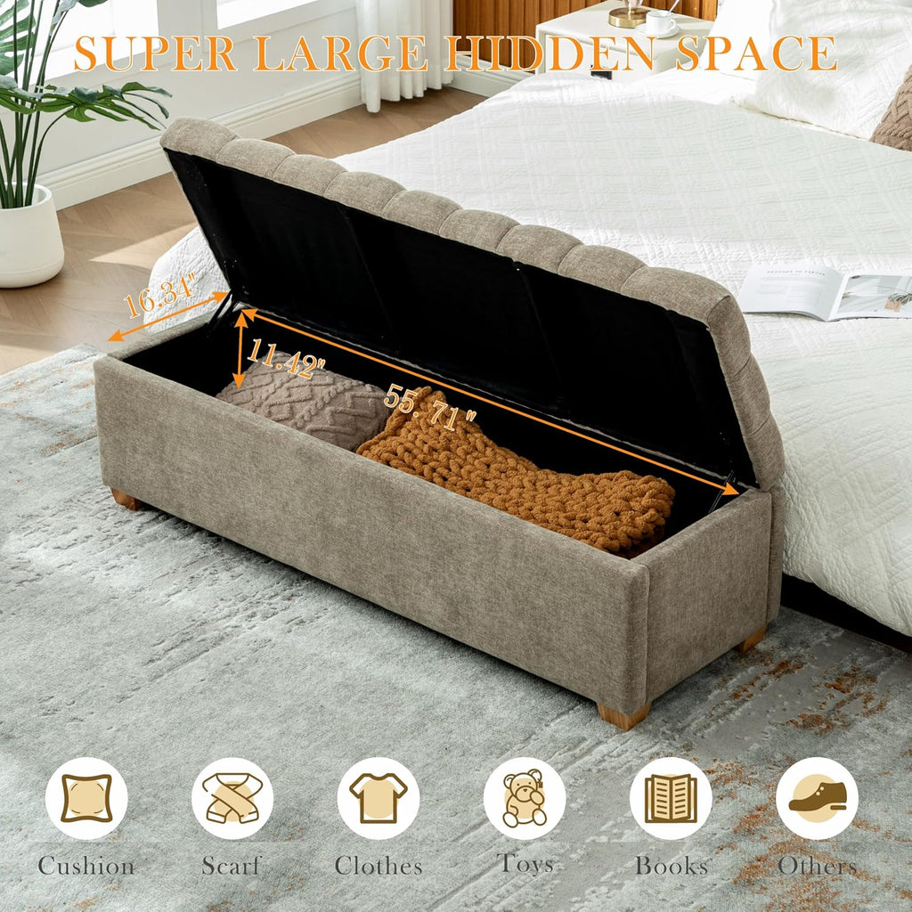 Aoiy & Wifon 60.2'' W Storage Ottoman Bench, Chenille Upholstered Ottoman with Storage, End of Bed Storage Bench with Wood Legs for Bedroom, Entryway, Window, Living Room, Taupe