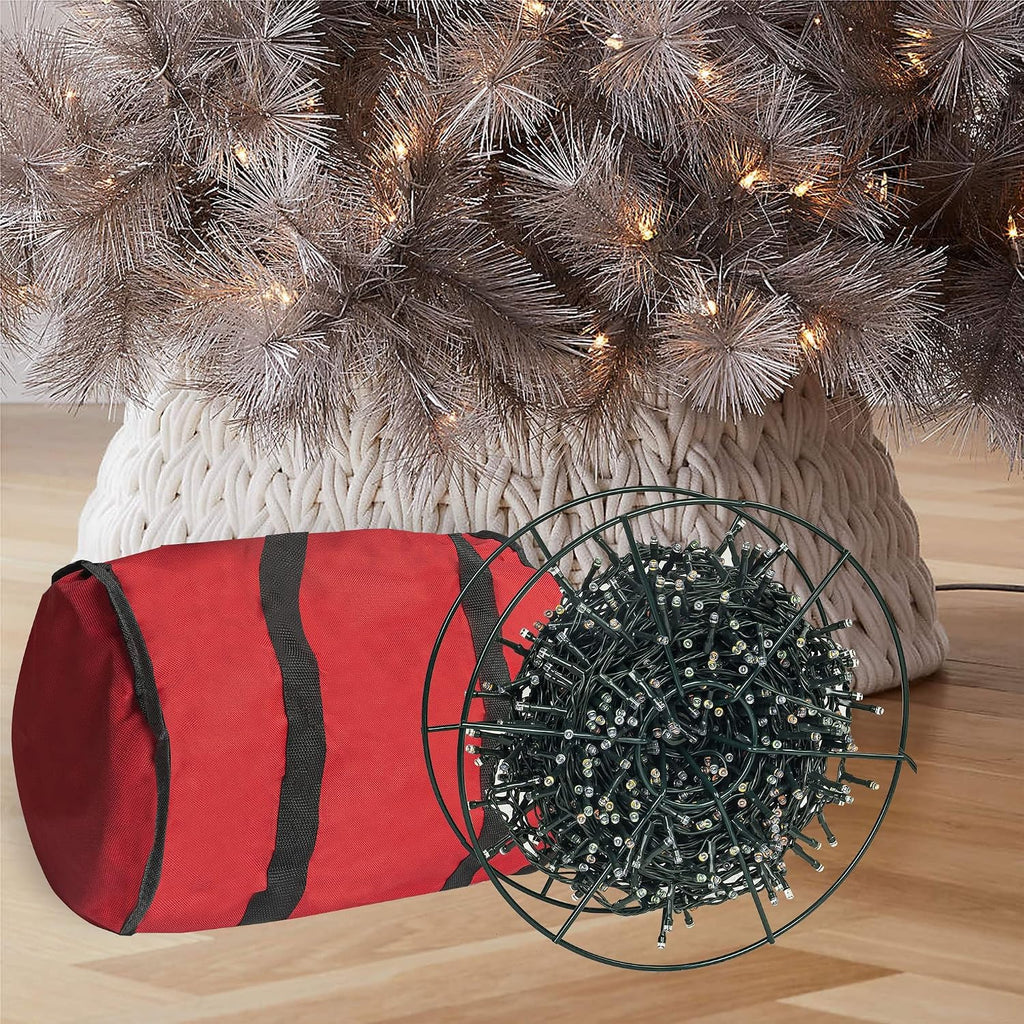 Dazzle Bright Christmas Lights Storage Bags, 3 Metal Reels to Store Holiday Christmas String Lights, Red Tear Proof Oxford Fabric Zip up Bag with Reinforced Handles