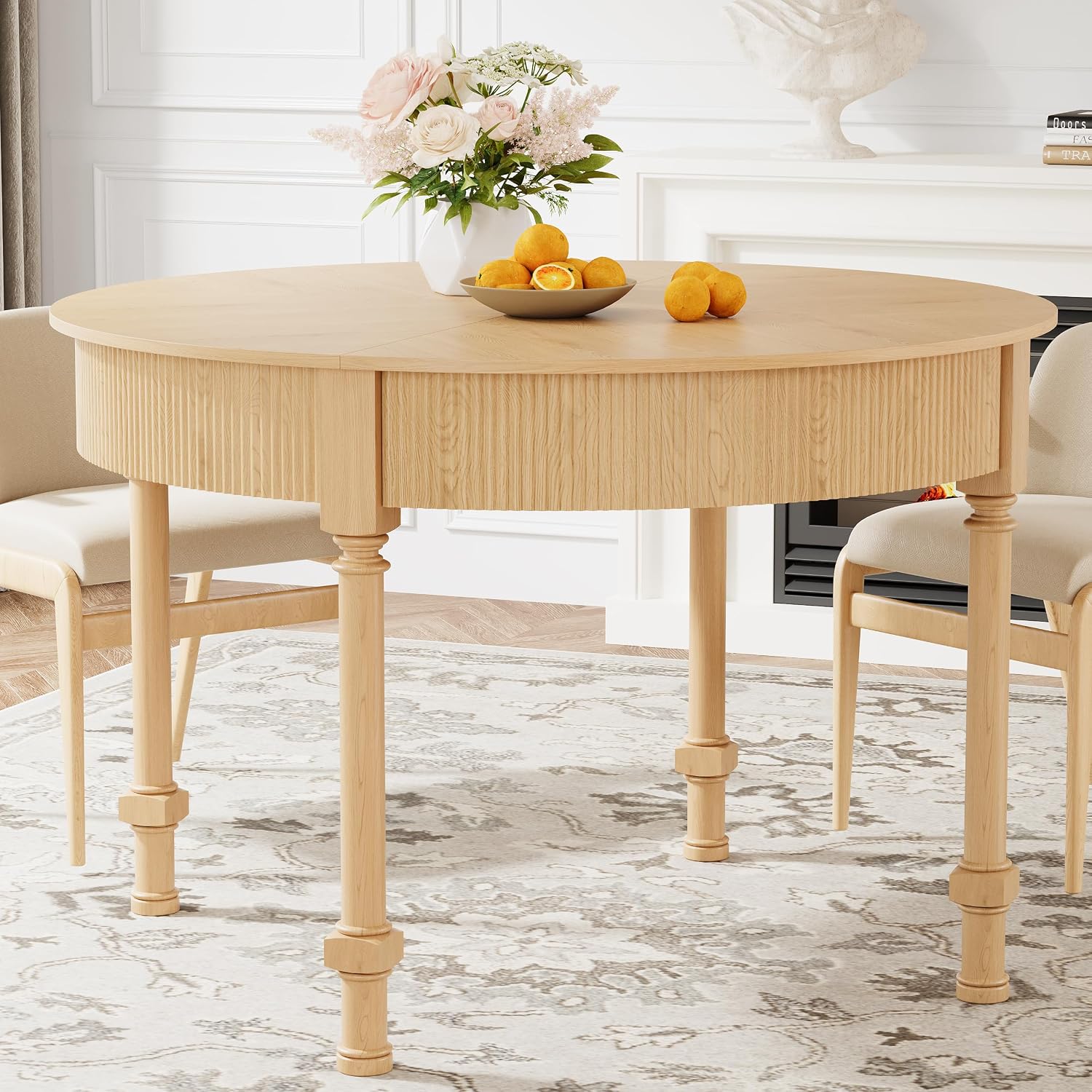 47'' Round Dining Table for 4-6, Modern Farmhouse Fluted Kitchen Table Dinner Table with 2 Storage Drawers, Wooden Circle Dining Tables with Solid Wood Legs for Home Dining Room Living Room, Natural